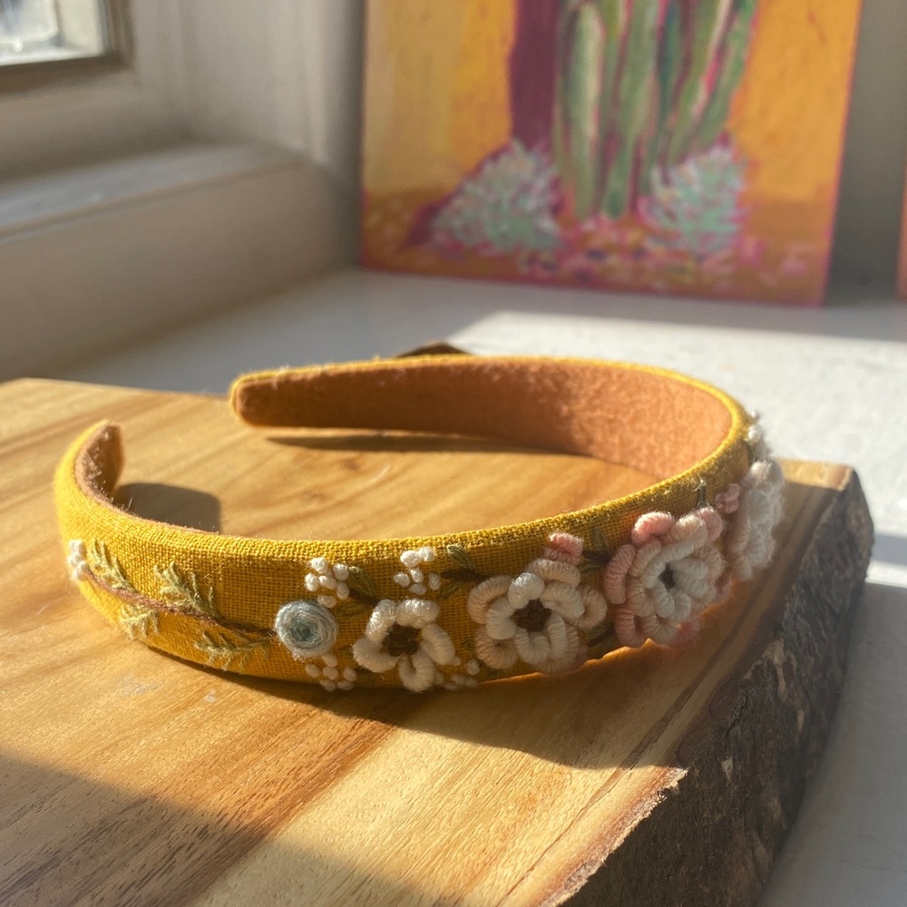 Floral Embroidered Headband - Mustard Yellow